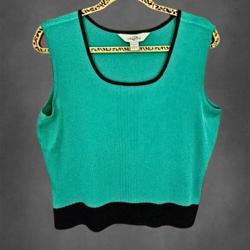 Ming Wang Tank Top Stretch Knitted Ribbed Bottom Edging Side Slits Black Green L